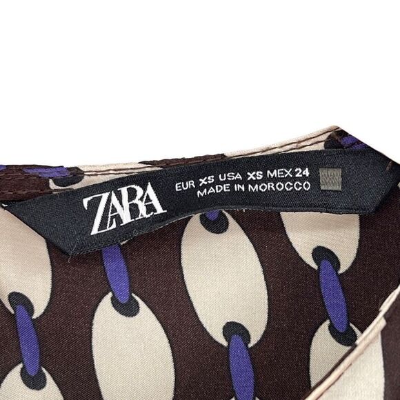 Zara Long Sleeve Twist Front Cropped Blouse Brown Cream Purple Women XS - Picture 6 of 6